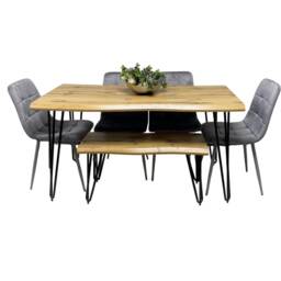 Wooden Dining Table With Bench and 4 Grey Velvet Chairs - Stylish Dining Room Furniture