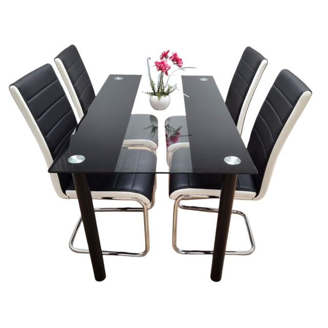 Modern Black Clear Glass Dining Table Set With 4 Faux Leather Chairs Dining Room Furniture