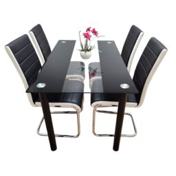 Modern Black Clear Glass Dining Table Set With 4 Faux Leather Chairs Dining Room Furniture