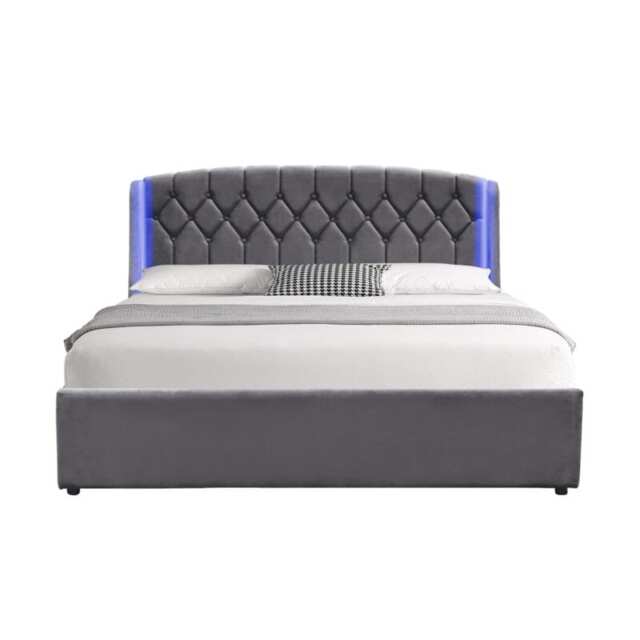4ft6 Double Fabric Gas Lift Ottoman Bed Frame With LED On Headboard In Grey