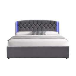 4ft6 Double Fabric Gas Lift Ottoman Bed Frame With LED On Headboard In Grey
