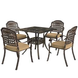 Outsunny 5 Pieces Cast Aluminium Garden Dining Set, 4 Seater Garden Table and Chairs with Parasol Hole, Outdoor Garden Furniture Set with Cushions for Patio, Bronze Tone Brown 1