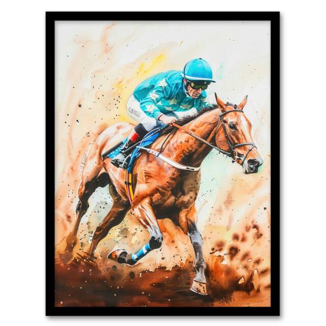 Rider On Racing Horse Watercolour Dramatic Mud Black Framed Wall Art Print A4