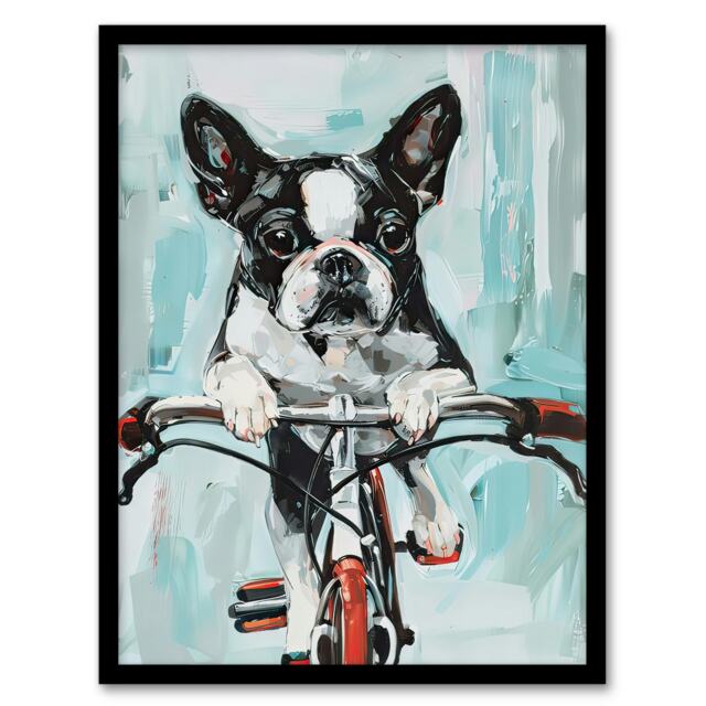 Boston Terrier Dog Lover Bicycle Oil Fun Black Framed Wall Art Print A4