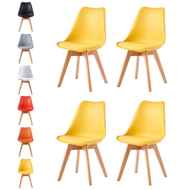 Set of 4 Dining Chairs with Solid Wooden Legs and Seat Cushion Pads in Yellow - Eva by MCC
