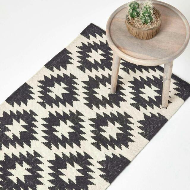 Homescapes Zurich Handwoven Black and White Cotton Geometric Kilim Hall Runner - 66 x 200 cm Black Black and white