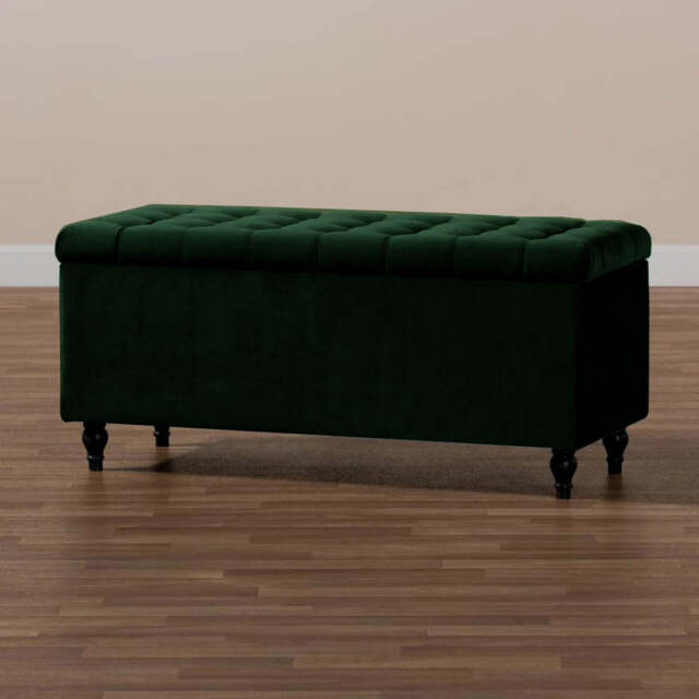 120cm Cubed Ottoman Storage Box,Forest Green Velvet Upholstered Chesterfield Storage Ottoman Box with Wooden Legs