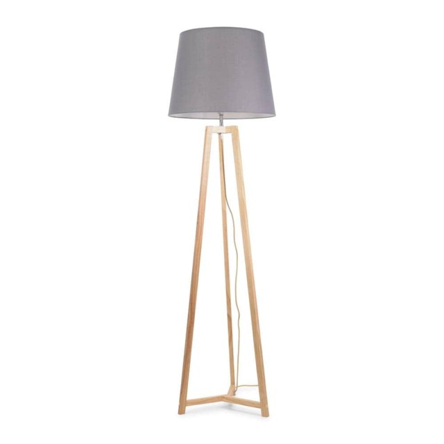 ValueLights Lottie Natural Wood Tripod Floor Lamp Grey Taper Shade and Bulb