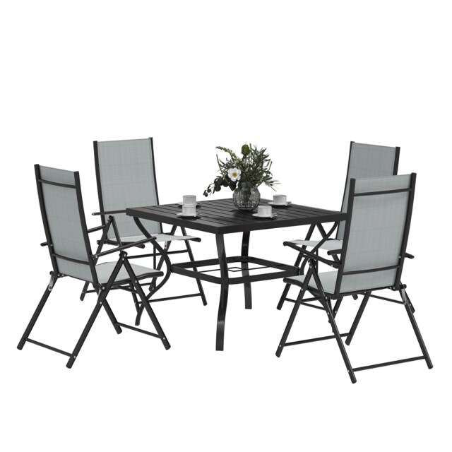 Outsunny 5 Pieces Garden Dining Set, 4 Seater Garden Furniture Set with Parasol Hole, Outdoor Dining Set with High Back Folding Chairs and Square Metal Top Table for Outdoor Patio, Grey Grey 1