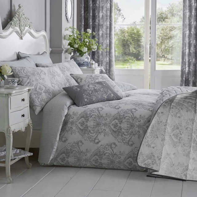 Homescapes French Toile Patterned Duvet Cover Set, Single Grey