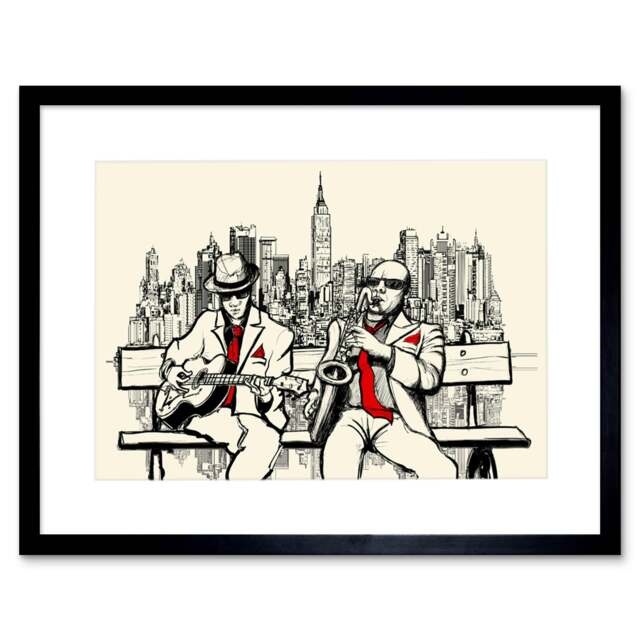 "Jazz Music Street Musicians New York City Skyline 9x7"" Black Framed Wall Art Print"