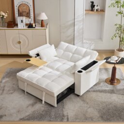 VILUXE 2-Seater Convertible Sofa Bed with Cup Holders, Hidden Table, USB Type-C Charging and 3-Position Backrest, Beige