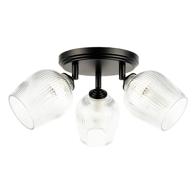 Matte Black Triple Spot Ceiling Light with Clear Ribbed Glass Shades