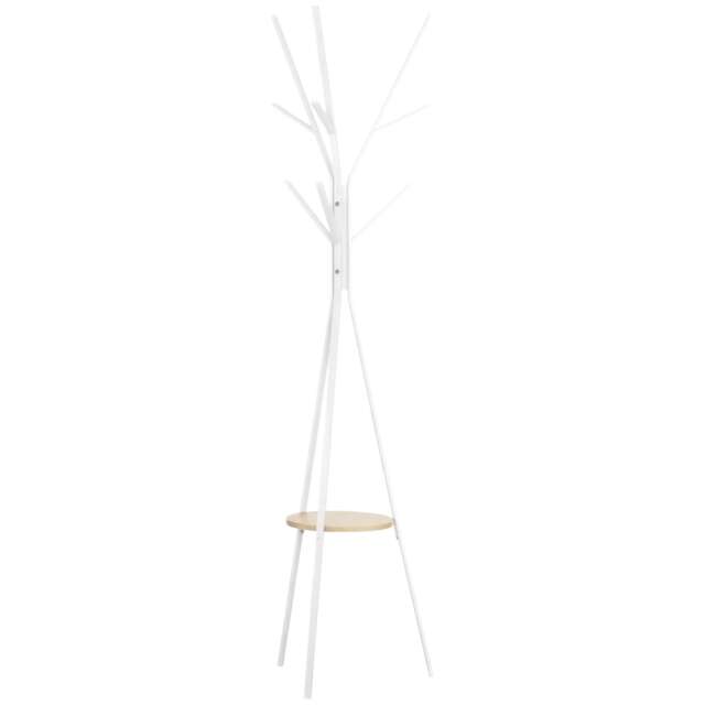 HOMCOM Freestanding Metal Coat Rack Stand 9 Hooks Clothes Tree with 1 Shelf Hat Display Hall Tree Hanger Bag Umbrella Hanging Organiser White