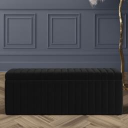 137cm Wide Lux Ottoman Storage Box, Black Velvet Upholstered Full Striped Storage Ottoman Box