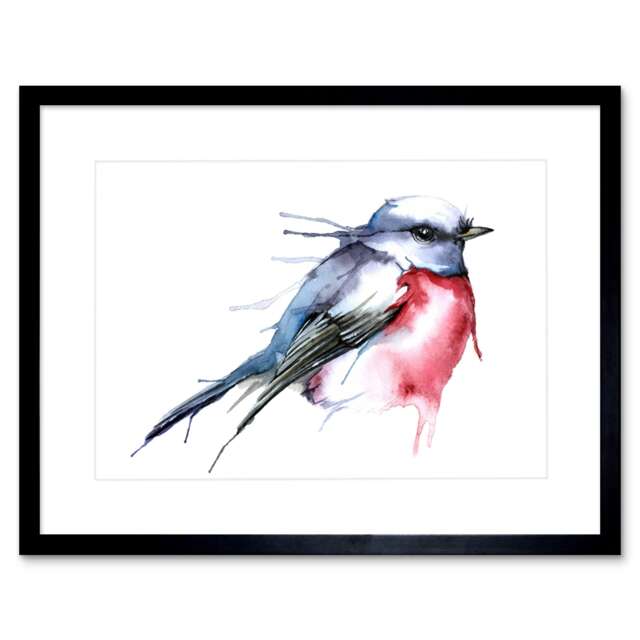 "Robin Bird Bright Watercolour Animal Painting 9x7"" Black Framed Wall Art Print"