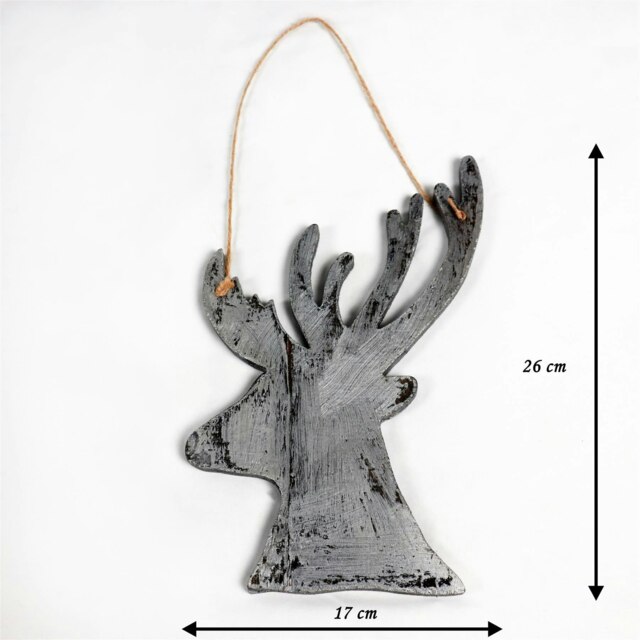 26cm Silver Christmas Wooden Hanging Deer Wall Decoration Xmas Home Office Holiday Decorative Centrepiece