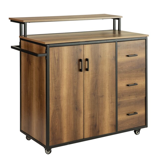 SoBuy Design Bar Cabinet on Wheels, Kitchen Storage Trolley, Brown/Black, 44.5x41.7x27.2 inches, 26.85 kg - KNL02-PF