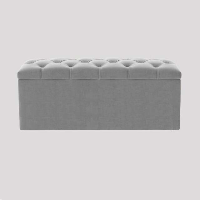 150cm Luna Chesterfield Ottoman Storage Box - Silver Plush Velvet Upholstered Blanket Box
