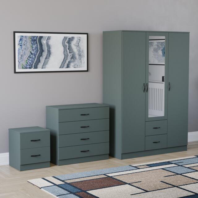Vida Designs Riano 3 Piece Bedroom Set (2 Drawer Bedside Chest, 4 Drawer Chest, 3 Door 2 Drawer Mirrored Wardrobe) - Green