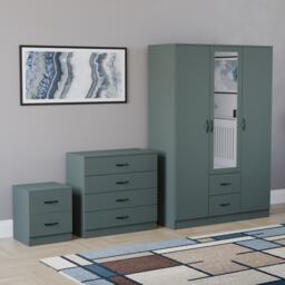 Vida Designs Riano 3 Piece Bedroom Set (2 Drawer Bedside Chest, 4 Drawer Chest, 3 Door 2 Drawer Mirrored Wardrobe) - Green