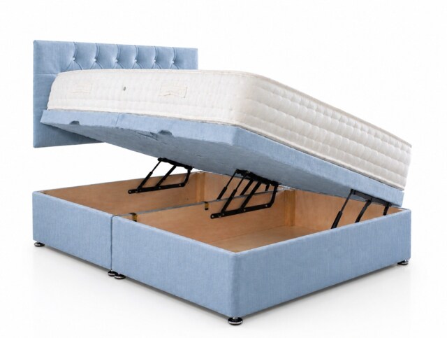 Side Lift 4ft Small Double Sky Blue Plush Ottoman Bed With Headboard and Mattress