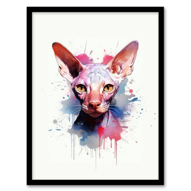 Cat Sphynx Watercolour Pet Portrait Home Decor Black Framed Wall Art Print A4