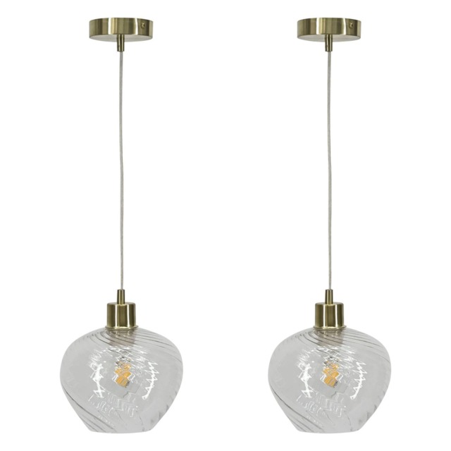 Set of 2 Bradson - Clear Swirl Glass with Satin Brass Pendant Fittings Clear Clear 2