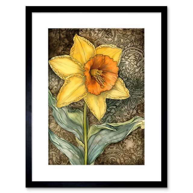 "Detailed Daffodil Flower Watercolour Art Nouveau 9x7"" Black Framed Wall Art Print"