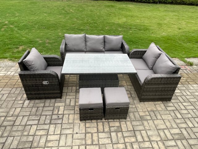 Fimous Outdoor Rattan Furniture Garden Dining Set Patio Height Adjustable Rising lifting Table Reclining Chair Sofa With 2 Small Footstools Dark Grey Mixed