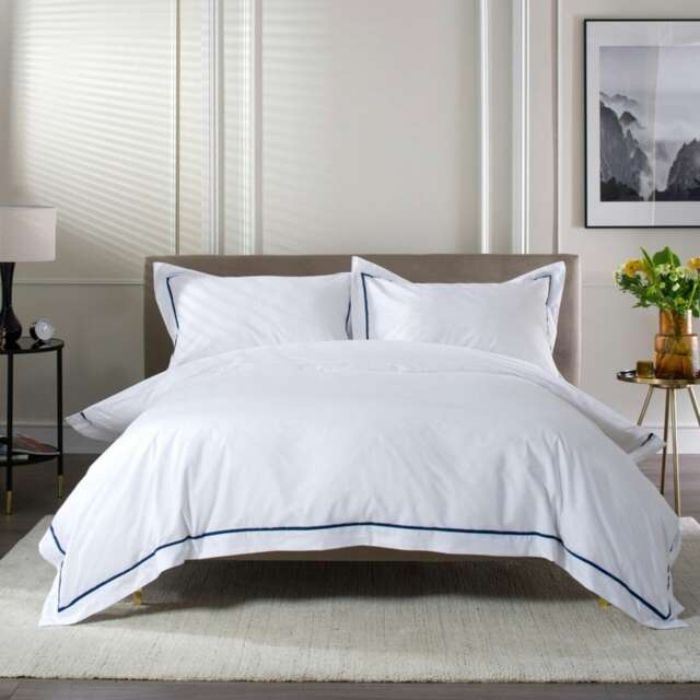 Hampstead 100% Cotton Duvet Cover Set – 200 Thread Count with Inserted Ribbon & Oxford Pillowcases Blue White Super King