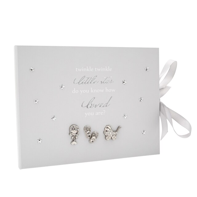 Little ones Keepsake Guest Book with Silver Plated Rattle Pram and Booties