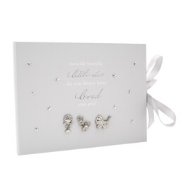 Little ones Keepsake Guest Book with Silver Plated Rattle Pram and Booties