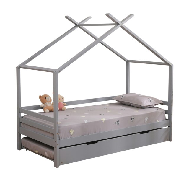 Teddy Kids Childrens Grey Wooden House Single Bed Frame w Guest Trundle Bed Grey Grey Single