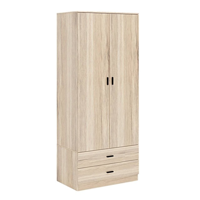 2-Door 2-Drawer Wardrobe with Storage Shelf, and Hanging Space - 180x75x46cm Brown Oak & Oak 1