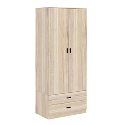2-Door 2-Drawer Wardrobe with Storage Shelf, and Hanging Space - 180x75x46cm Brown Oak & Oak 1