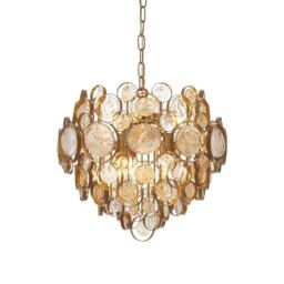 Carbonia 6 Light Ceiling Pendant Antique Gold Paint, Clear & Amber Glass