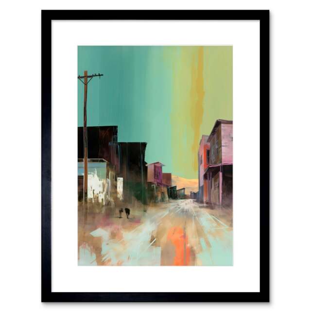 "American Wild West Ghost Town Street Watercolour 9x7"" Black Framed Wall Art Print"