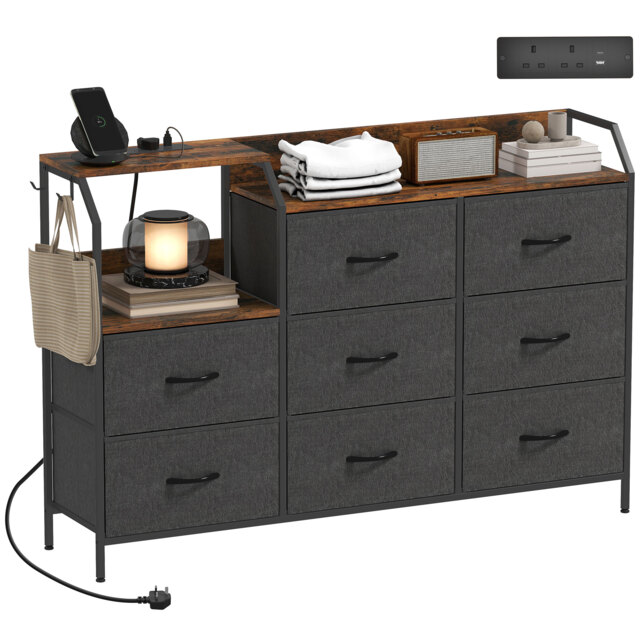 HOMCOM Fabric Chest of Drawers w Charging Station for Bedroom Rustic Brown Brown Rustic Brown and Black One Size
