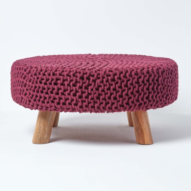 Homescapes Plum Large Round Cotton Knitted Footstool on Legs