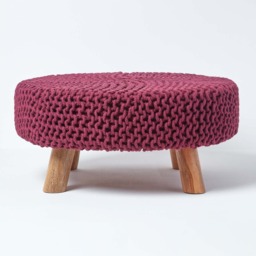 Homescapes Plum Large Round Cotton Knitted Footstool on Legs