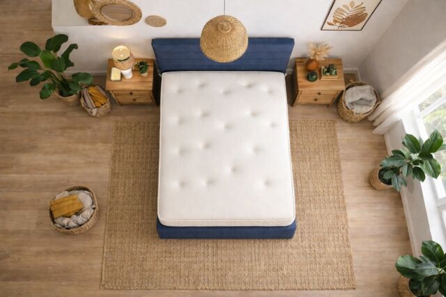 Divan Bed Set Headboard and Footboard with Mattress 2ft6 Small Single Navy Blue Suede Storage 2 Drawers Left Side Laying in Bed