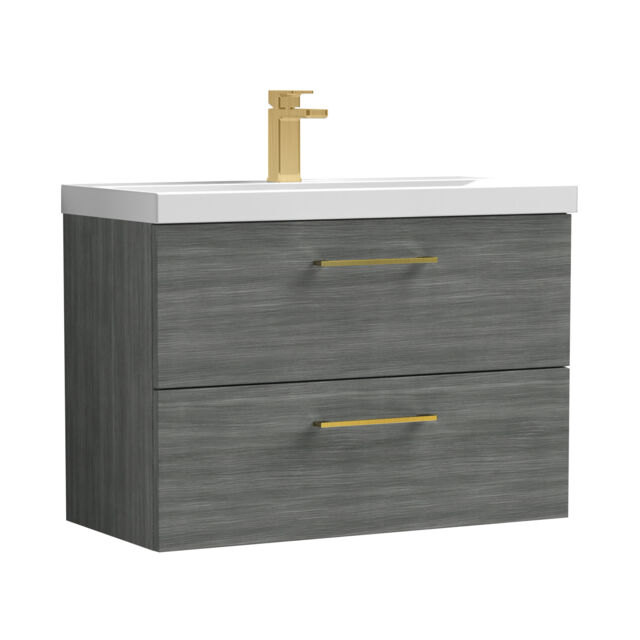 Balterley Wall Hung Bathroom 2 Drawer Vanity Unit & 1 Tap Hole Ceramic Basin, & Handles Grey