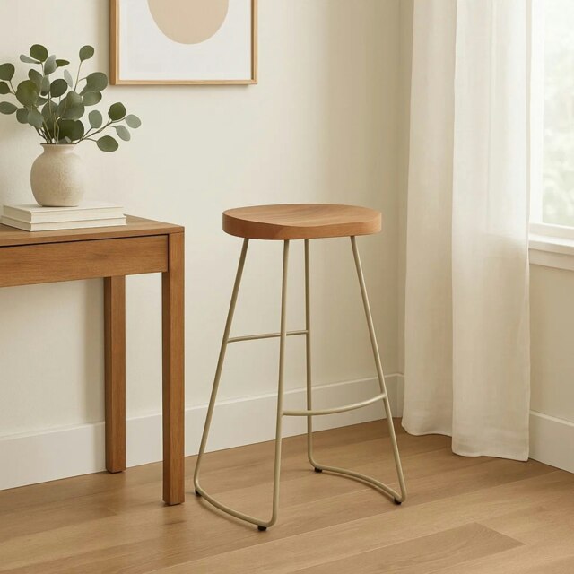Orsina Luxe Bar Stool With Acacia Wood Seat, Wooden Kitchen Stool, Counter Seat With Iron Footrest, Silver Stool