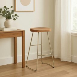Orsina Luxe Bar Stool With Acacia Wood Seat, Wooden Kitchen Stool, Counter Seat With Iron Footrest, Silver Stool