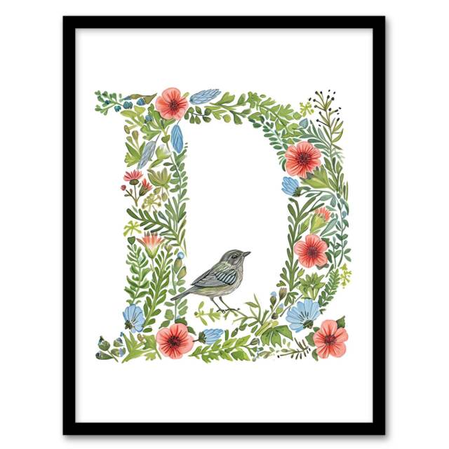 Letter D Flowers for Her Bird Birthday Gift Mum Black Framed Wall Art Print A4