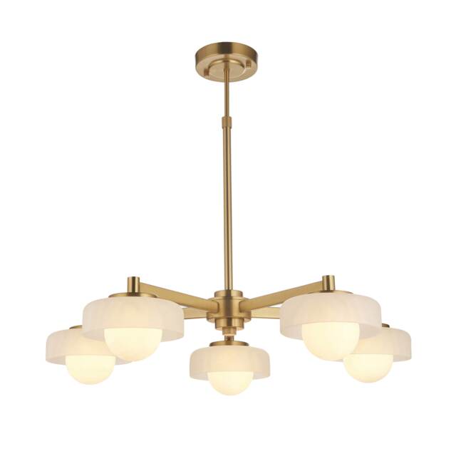 Boss Multi Arm Pendant Ceiling Light Brushed Aged Brass Plate With Frosted & Opal Glass 5x G9