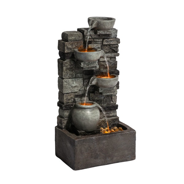 Teamson Home Outdoor 4-Tier Stacked Stone Cascading Water Fountain with LED Lights, Gray