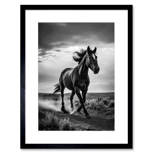 "Horse Galloping Desert Landscape Black White 9x7"" Black Framed Wall Art Print"