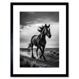 "Horse Galloping Desert Landscape Black White 9x7"" Black Framed Wall Art Print"